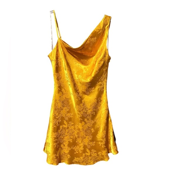 Lulu's Yellow Satin Floral Print Asymmetrical Cowl Neck Mini Dress Size M - Picture 5 of 13
